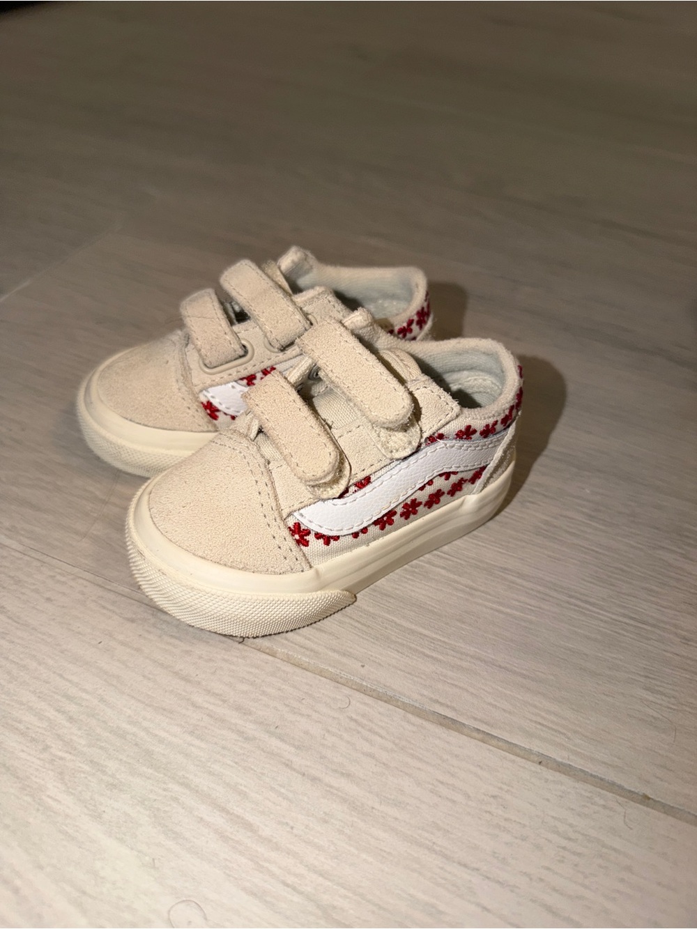 Vans Kids Cream Suede Sneakers with Red Floral Trim